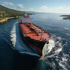 Aerial Photo Prints: Aerial view, a large oil tanker sails over the sea, AI generated