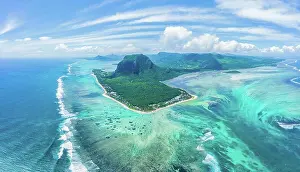 Indian Ocean Prints: Aerial view of Le Morne Brabant mountain which is in the World H