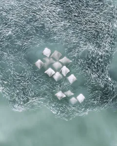 Flock Prints: Aerial view of Manta Rays swimming along with a flock of fishes in Southampton