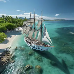 Coast Prints: Aerial view modern multi-masted cruise sailing ship, AI generated