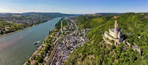 Middle Ages Prints: Aerial view and panorama of the Marksburg near Braubach and the Rhine