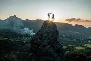 Forms Prints: Aerial view of people climbing on Piton Jacob Peak mountain in Port Louis, Mauritius