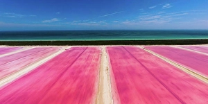 Aerial Prints: Aerial view of pink salt lakes along the coast at Ria Largatos Natural Park