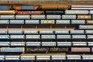 Rail Prints: Aerial view of rail cars waiting at a staging railyard station in Aurora, IL - USA