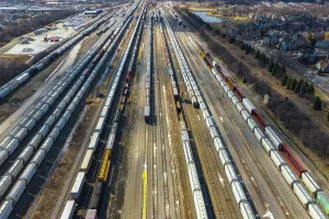 Rail Prints: Aerial view of rail cars waiting at a staging railyard station in Aurora, IL - USA