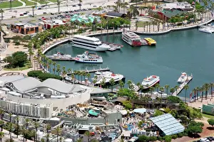 Water Vehicle Prints: Aerial view of the Rainbow Harbor with the Aquarium of the Pacific in foreground
