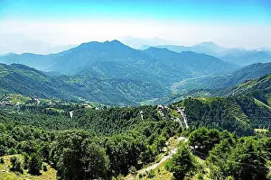 Top Down Prints: Aerial view of the Saklana range hill station in Mussoorie, uttarakhand, India, Asia