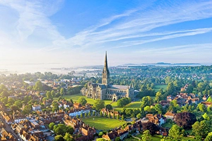 Household Prints: Aerial view over Salisbury and Salisbury Cathedral on a misty summer morning