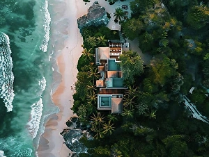 From The Sky Prints: Aerial view of a secluded tropical villa with a thatched roof and pool by a sandy beach