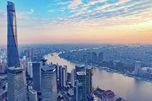 Architektur Prints: Aerial view of Shanghai city. Aerial view of Shanghai city center at sunset time