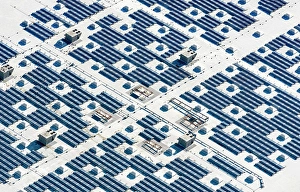 Aerialview Prints: Aerial view of a solar farm, blue photovoltaic solar panels set out in a grid pattern