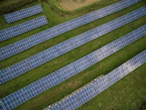 Aerialview Prints: Aerial view of solar panels in field