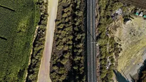 Rail Prints: Aerial view of some train tracks next to a road