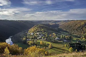 Benelux Prints: Aerial view over the village Frahan surrounded by the meandering Semois river seen from Rochehaut in the Belgian