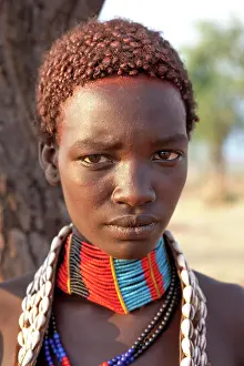 Bead Prints: Africa, Ethiopia, Omo River Valley, South Omo, Karo Tribe. Portrait of a Karo young woman