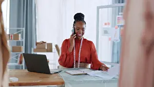 Paperwork Prints: African designer woman, phone call and document for idea