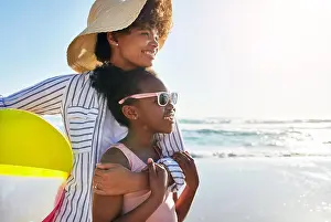 Mothers Day Prints: African mom, girl and hug on beach for holiday