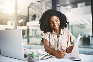 Administration Prints: African woman, documents and reading in office with smile