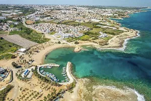 Top Down Prints: Agia Triada Beach or Trinity Beach seen from the air, Paralimni, Cyprus, Europe