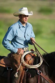 Horseback Prints: Agriculture - A cowboy on horseback on a western rangeland / Childress, Texas, USA