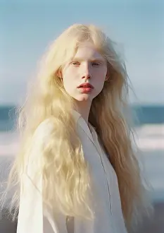 Contrast Prints: AI Generative. Albino girl at the beach