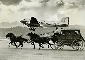 Cart Prints: Aircraft flying over a stagecoach