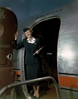 Doorway Prints: Airline hostess standing in doorway of plane