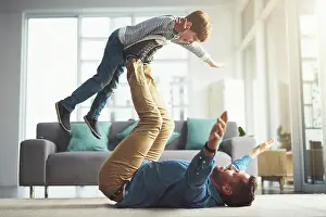 Games Prints: Airplane, playing and dad with child in home for bonding