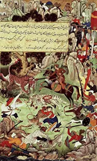 Manuscript Prints: Akbar Hunting a Tiger near Gwalior (From the Akbar-Nama) ca