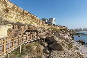 Walkway Prints: Aktau sandstone cliffs and promenade, Aktau, Caspian sea, Kazakhstan, Asia