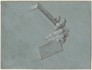 Composition Prints: Albrecht Dürer 1506 brush and gray ink drawing with whitewash on blue paper depicting a hand holding a book