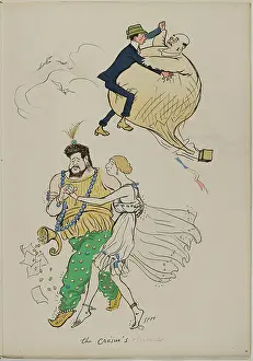 Caricature Prints: Album Tangoville-sur-Mer - Alberto Santos-Dumont tries to dance with a yellow balloon that is Adrien Bernheim