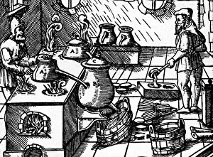 Middle Ages Prints: alchemy laboratory extraction of sulphuric acid by spreading with gravel through destillation woodcut after Georg