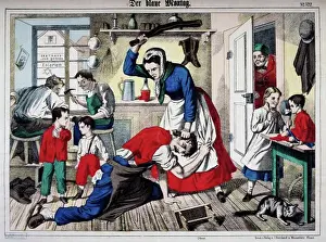 Workshops Prints: alcohol alcoholism 'Blue Monday' drunken journeyman beaten by master craftswoman caricature coloured