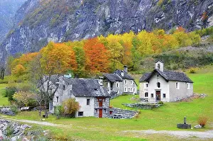 Autumnal Prints: Alpine village Faedo, Valle Maggia in autumn, Ticino, Switzerland, Europe