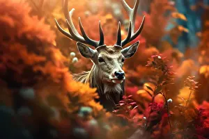 Reindeer Prints: Amazing picture of wild reindeer in forest in autumn. Generative AI