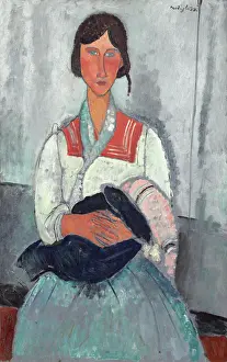 Modigliani Prints: Amedeo Modigliani Gypsy Woman with Baby (1919) Painting; oil on canvas; overall: 115