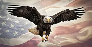 Feed Prints: American bald eagle in flight with an american flag abstract background, generative AI