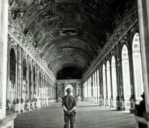 Historical Prints: American soldier Versailles standing in the hall of mirrors 1944. World War two