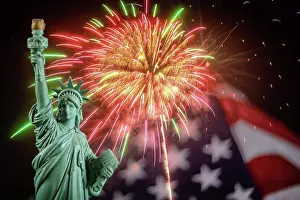 Celebrate Prints: American Symbol Statue of Liberty fireworks in the American flag at 4th of July celebration in the United States