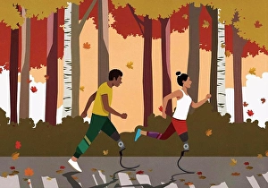 Illustration Prints: Amputee couple with prosthetic legs jogging in autumn park
