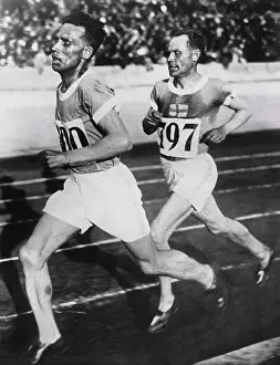 Midadult Men Prints: Amsterdam, Netherlands: 1928 Finnish runner Ville Ritola leads his countryman Paavo Nurmi in the 10
