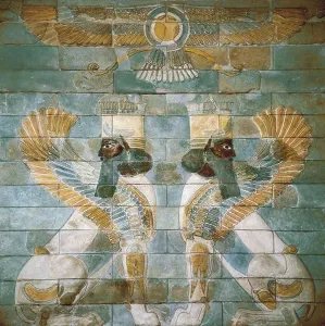 Middle East Prints: Two Androcephalic Sphynxes or Lions under the Great God Ahura Mazda