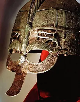 Colored Background Prints: Anglo-Saxon helmet part of the Sutton Hoo treasure excavated near Woodbridge
