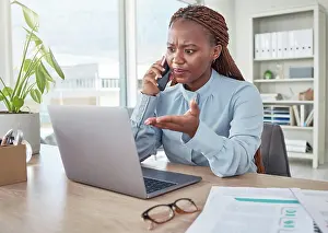 Cellphone Prints: Angry, phone and stressed black woman on a business call about tax