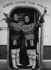 Aeronautics Prints: Anniversary of Polar Flights Stewardesses of the Scandinavian Air Service plane arriving at Frankfurt