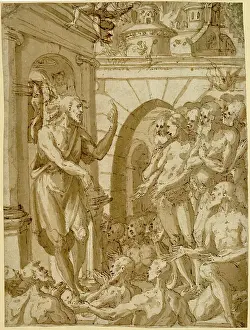 Anonymous Prints: Anonymous 16th-century drawing in feather with wash depicts Christ standing in an atrium