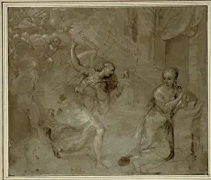Anonymous Prints: Anonymous feather drawing depicting the Annunciation on faded blue and partly brown paper with laved technique