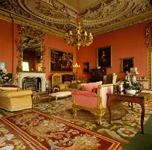 Ceilings Prints: Antique carpets in red drawing room with ornate ceiling