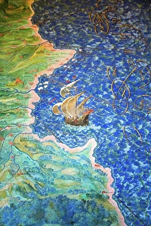 Maps Prints: Detail of antique map of Calabria with sailing ship boat in painting in Vatican Museum Room of Maps by Ignazio Danti